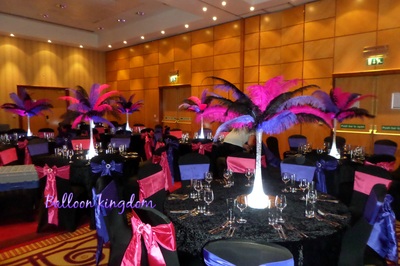 pink black and purple ostrich feather centerpiece hire