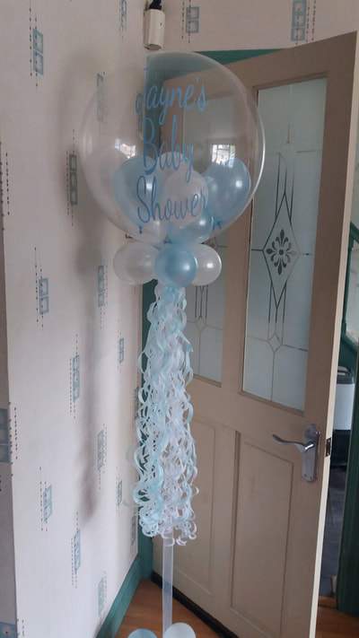 Personalised baby shower balloon with twirlz tassel tail 