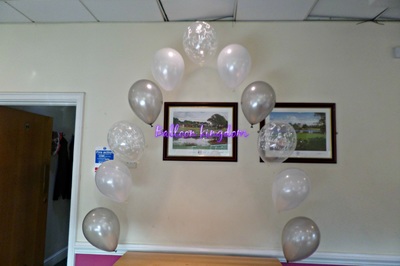 silver white and just married clear cake table pearl balloon arch 