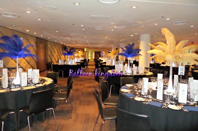 royal blue and gold ostrich feather centerpiece hire