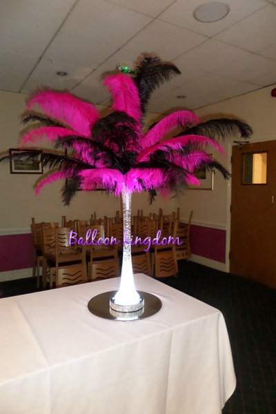 black and pink ostrich feather centerpiece hire