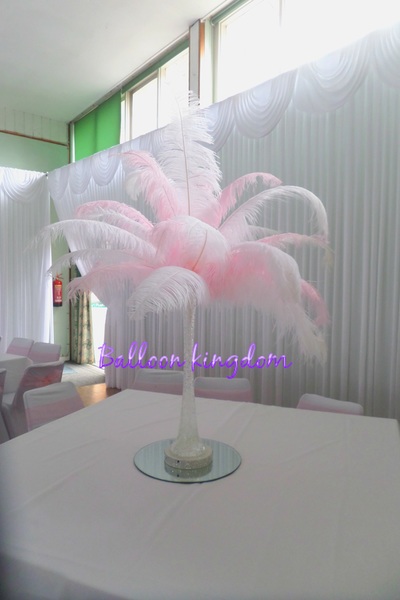 white and baby pink ostrich feather centerpiece hire