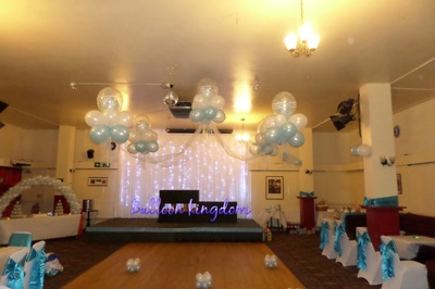 blue and white cloud 9 balloon canopy