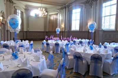 White chair cover with royal blue organza sash