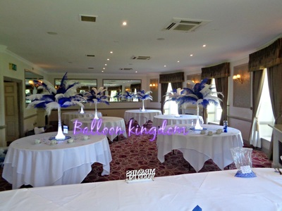 royal blue and white ostrich feather centerpieces hire