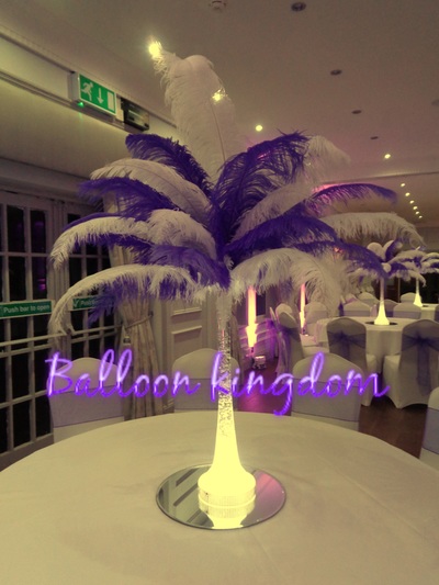 purple and white ostrich feather centerpiece hire