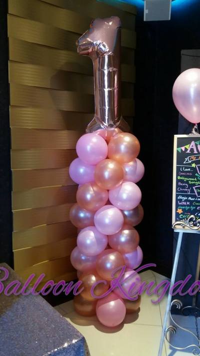 rose gold and pink balloon column with rose gold number top